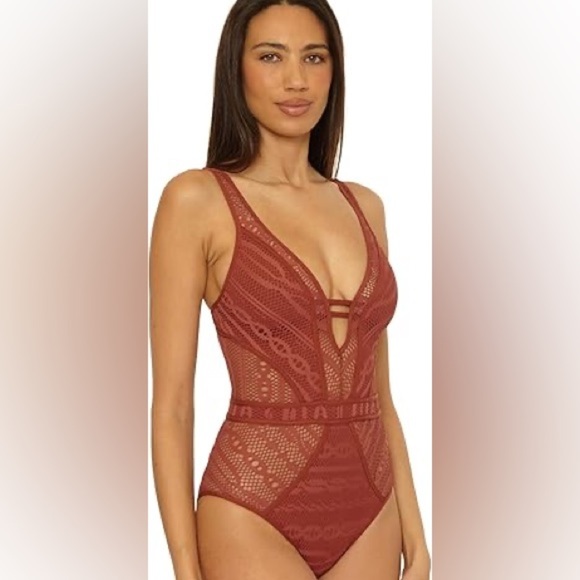 BECCA Color Play - Women's One Piece Swimsuit, Plunge, Crochet, Bronzed, X-Large - Picture 4 of 11